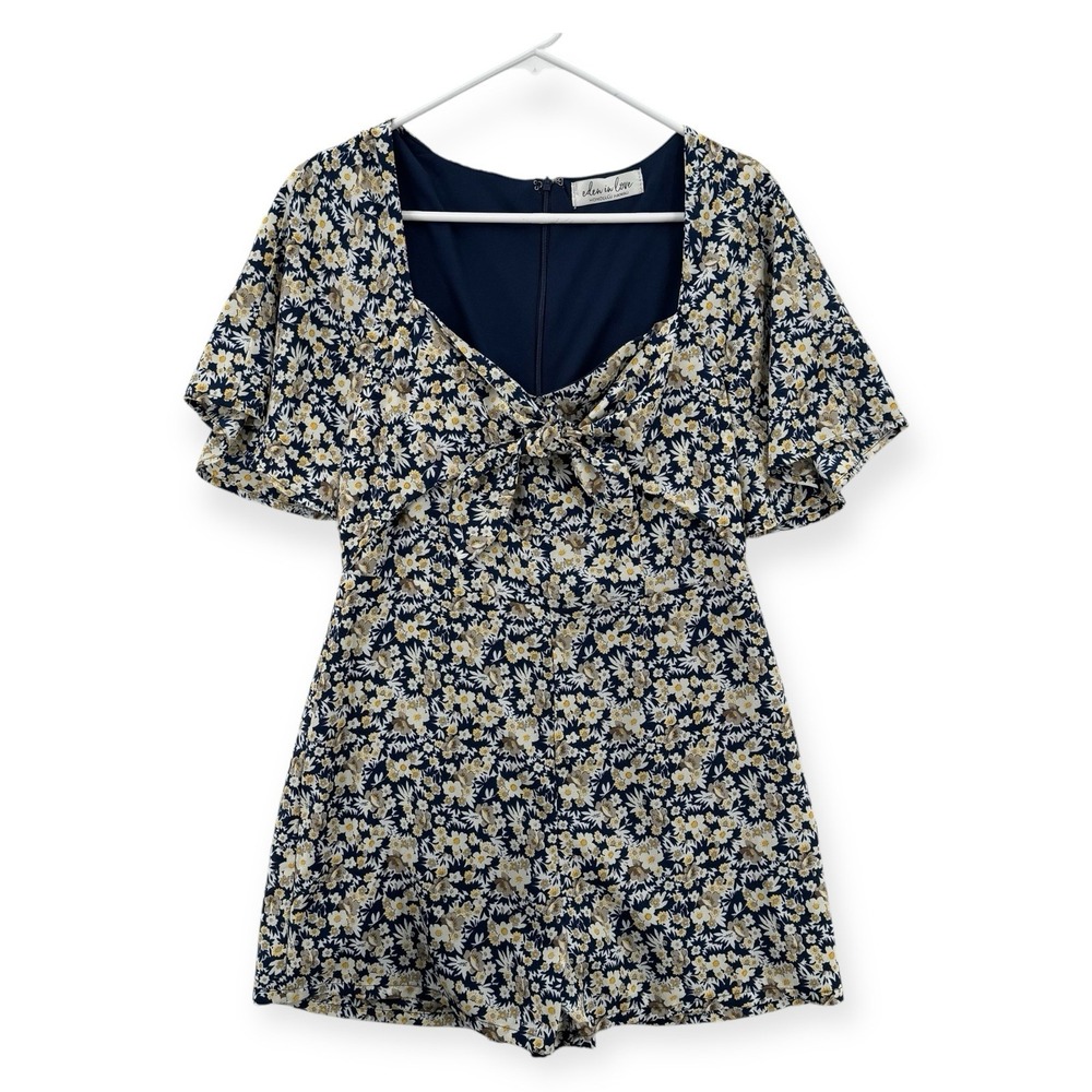 Eden In Love Hawaii Floral Romper Womens Small Navy Tie‎ Front Short Sleeve